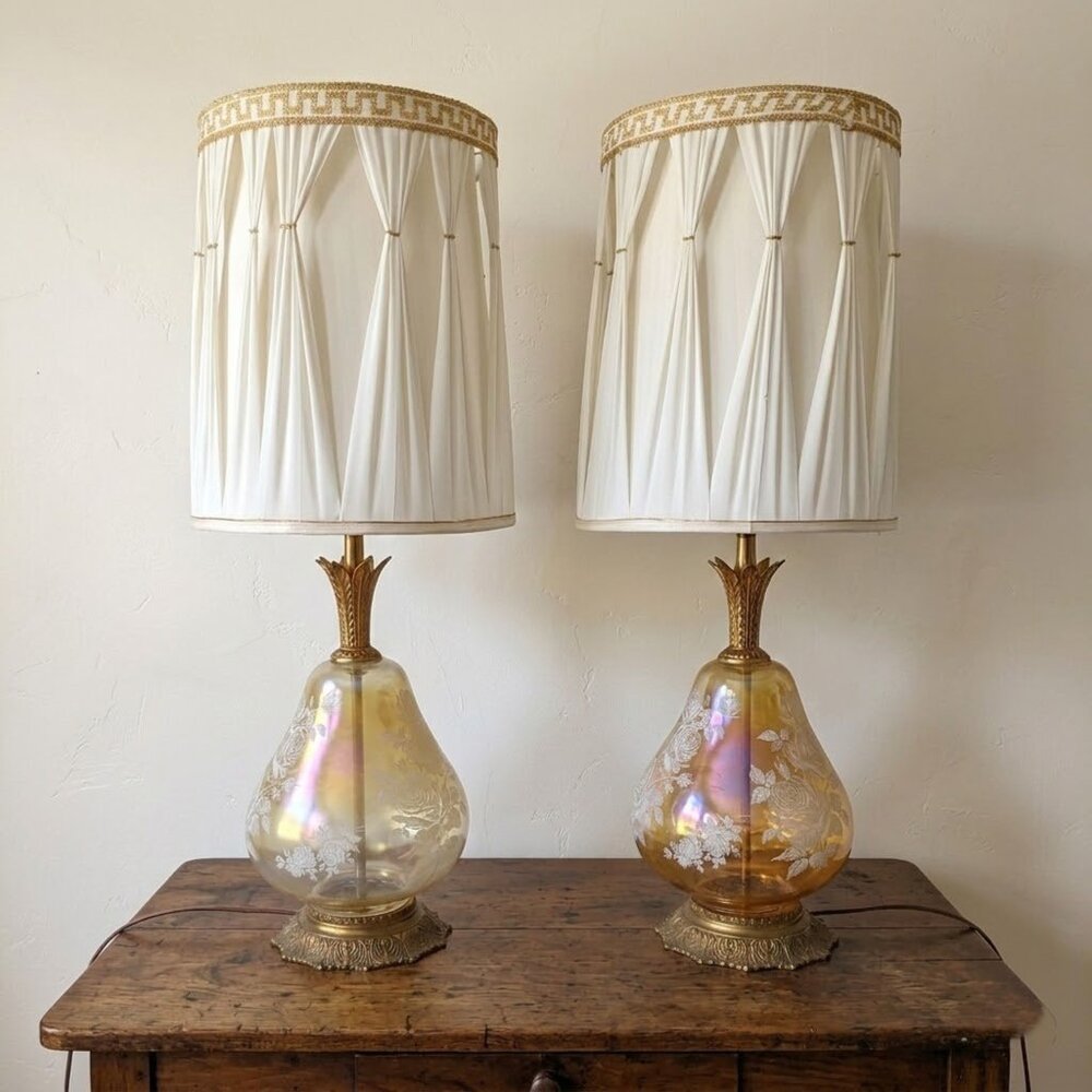 Vtg 1972 GIM Amber Carnival Glass Table Lamps Pair Hollywood Regency Rose Floral